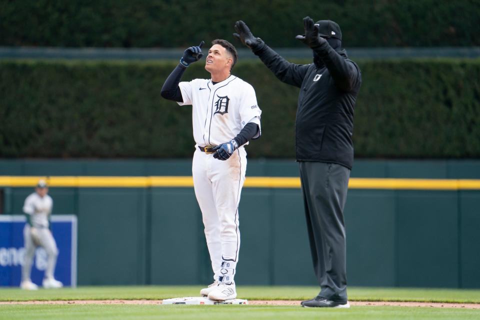 Detroit Tigers third base Gio Urshela celebrates his sixth-inning double as the Detroit Tigers take on the Oakland Athletics for the Detroit home opener at Comerica Park on Friday, April 5, 2024.