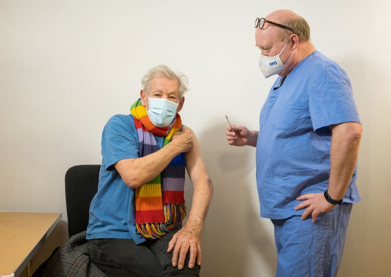 Actor Ian McKellen receives COVID-19 vaccine at Queen Mary University Hospital, in London