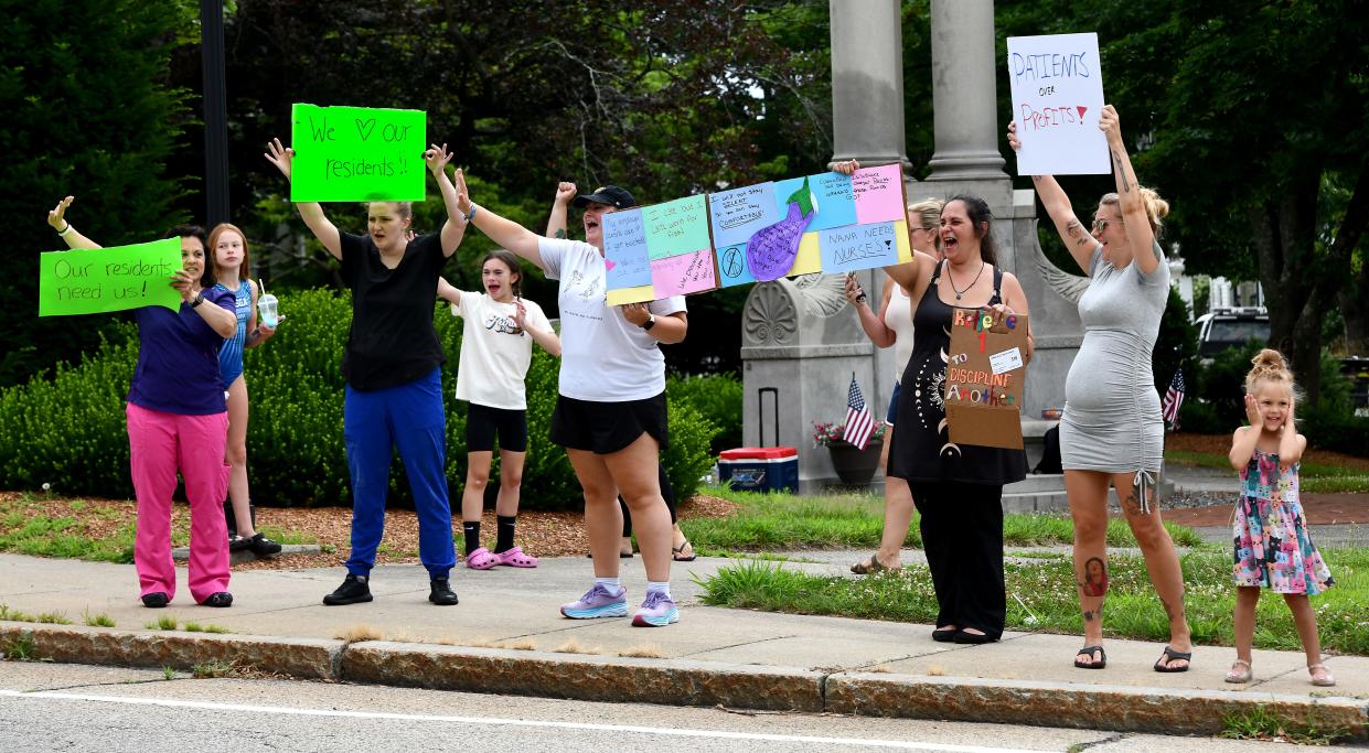 Nurses from Blackstone Valley Health & Rehabilitation picket at Northbridge Town Common after claiming to not have been paid in over a month.