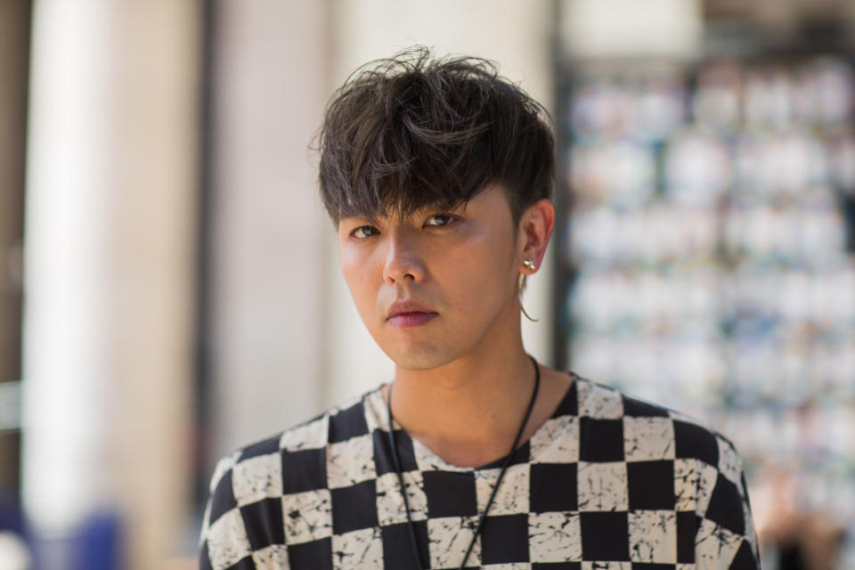 PARIS, FRANCE - JUNE 25:  Actor Alien Huang wears a Haider Ackermann shirt, Ambush necklace, Dries Van Noten shorts, and And Them on June 25, 2015 in Paris, France.  (Photo by Melodie Jeng/Getty Images)