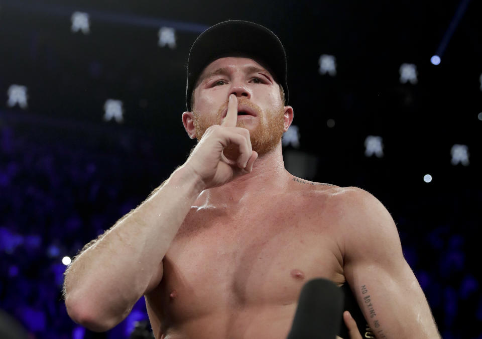 Canelo Alvarez reacts after defeating Gennady Golovkin by majority decision in a middleweight title boxing match, Saturday, Sept. 15, 2018, in Las Vegas. (AP Photo/Isaac Brekken)