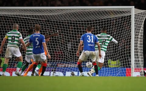  Christopher Jullien of Celtic scores his team's first goal during the Betfred Cup Final between Rangers FC and Celtic FC - Credit: &nbsp;Ian MacNicol/Getty Images