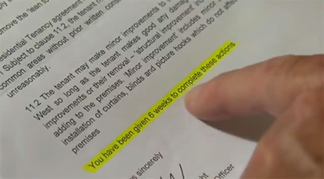 A letter from the Department for Housing giving him six weeks to make modifications. Photo: 7 News