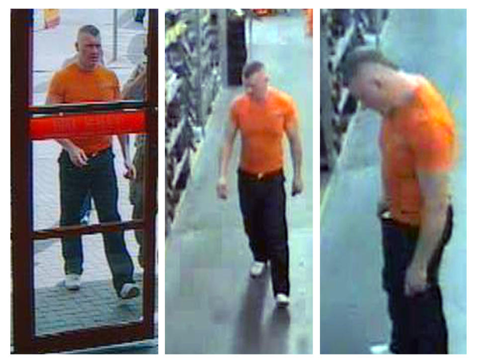 Murder suspect  Raoul Thomas Moat is seen entering a shop on July 2 in still images taken from CCTV footage provided by Northumbria Police force in Newcastle July 8, 2010. Hundreds of British police, including specialist marksmen in body armour, combed remote English countryside on Thursday in a hunt for a gunman who has been on the run for six days after shooting three people. Officers from across Britain have converged on a rural town in northern England in one of the biggest manhunts ever seen to try to track down the gunman after he declared war on police.  REUTERS/Northumbria Police/handout   (BRITAIN - Tags: CRIME LAW) FOR EDITORIAL USE ONLY. NOT FOR SALE FOR MARKETING OR ADVERTISING CAMPAIGNS