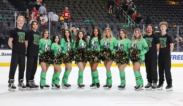 LAS VEGAS, NEVADA - MARCH 16: Members of the Knights Guard, wearing St. Patrick’s Day outfits, pose on the ice after the Vegas Golden Knights' 7-2 loss to the Calgary Flames at T-Mobile Arena on March 16, 2023 in Las Vegas, Nevada. (Photo by Ethan Miller/Getty Images)