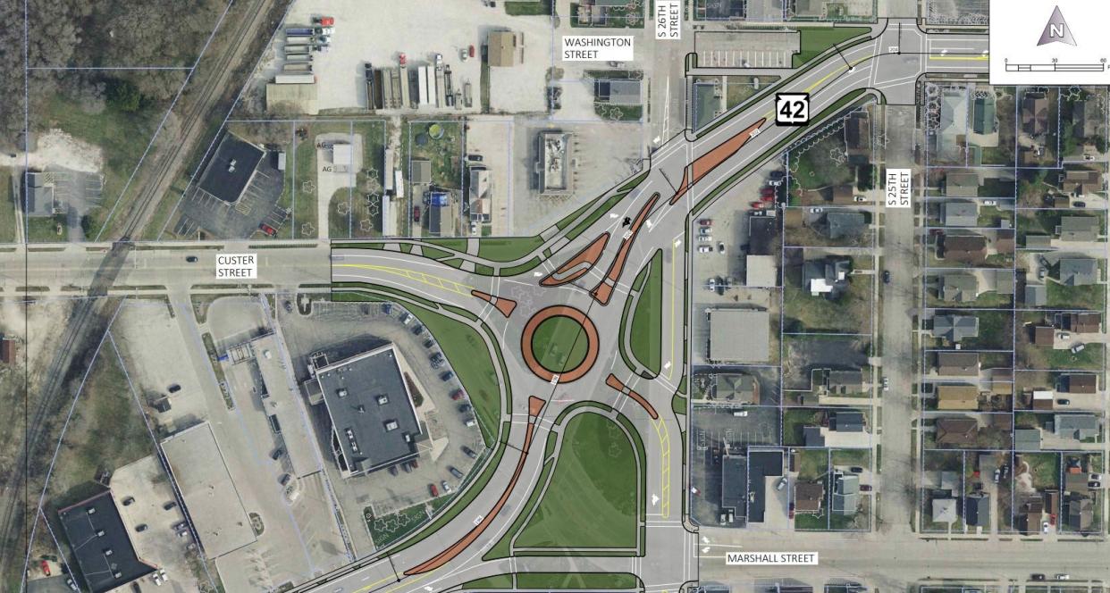 A map showing a proposed roundabout at Calumet Avenue and Custer Street in Manitowoc.