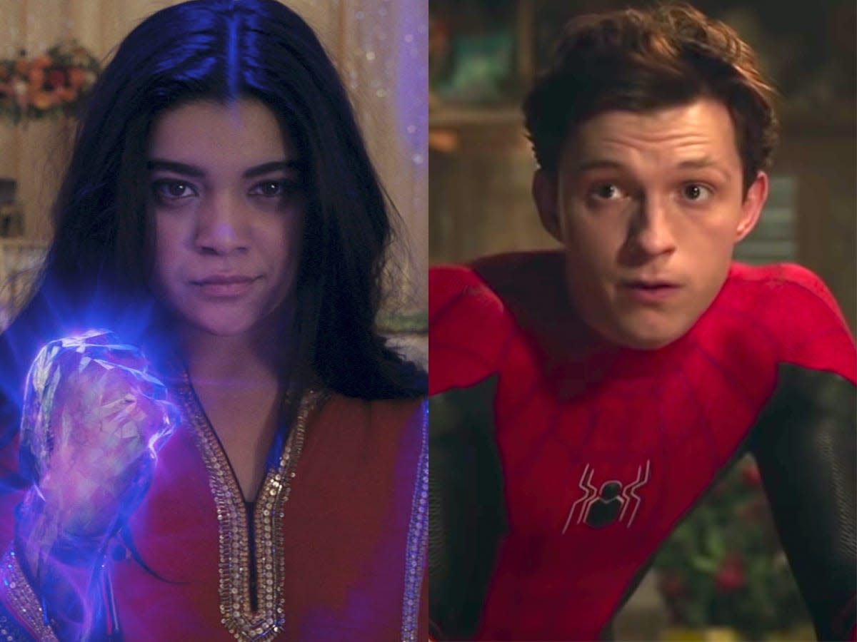 On the left: Iman Vellani in "Ms. Marvel. On the right: Tom Holland in "Spider-Man: No Way Home."