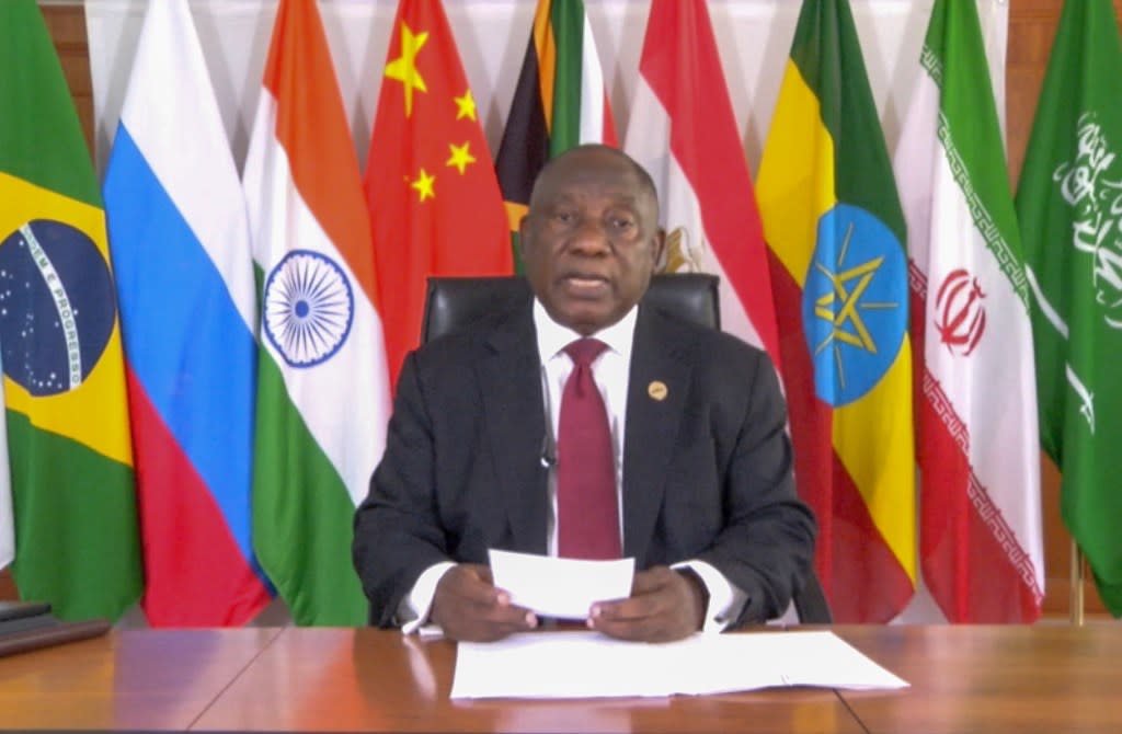 South African President Cyril Ramaphosa addresses BRICS leaders for a virtual meeting of leaders of developing countries Tuesday, Nov. 21, 2023. Ramaphosa accused Israel of war crimes. (South Africa Presidency via AP Photo, File)