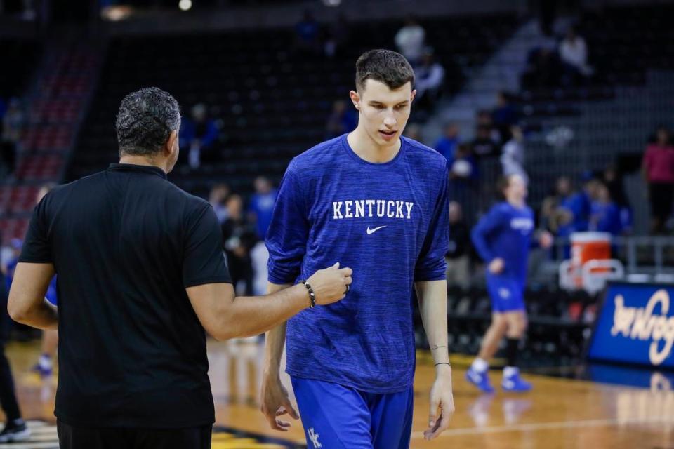 Kentucky freshman Zvonimir Ivisic went through an individual workout before the UK Blue-White Game on Saturday night.