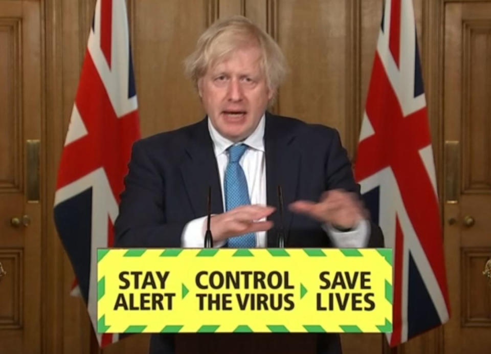 Screen grab of Prime Minister Boris Johnson during a media briefing in Downing Street, London, on coronavirus (COVID-19). (Photo by PA Video/PA Images via Getty Images)