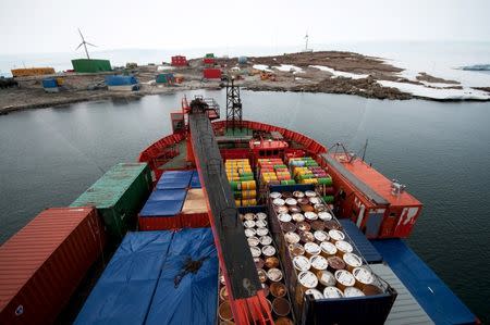 A view from the bridge of the ship Aurora Australis shows containers and drums on deck as it is moored in Horseshoe Harbour at Antarctica's Mawson station in this undated file photo supplied by the Australian Antarctic Division February 24, 2016. REUTERS/Justin Chambers-Australian Antarctic Division/Handout via Reuters