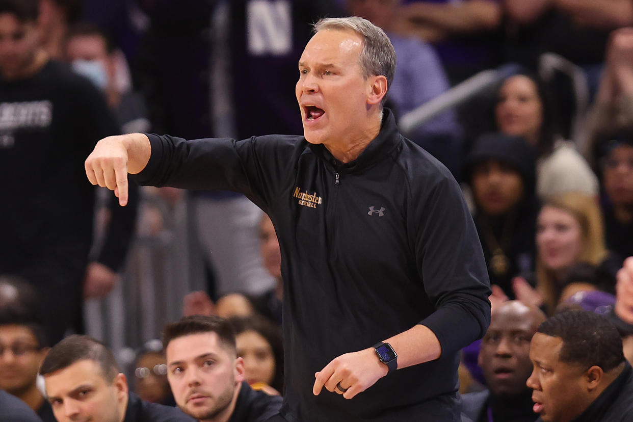 EVANSTON, ILLINOIS - FEBRUARY 12: Head coach Chris Collins of the Northwestern Wildcats reacts against the Purdue Boilermakers during the second half at Welsh-Ryan Arena on February 12, 2023 in Evanston, Illinois. (Photo by Michael Reaves/Getty Images)