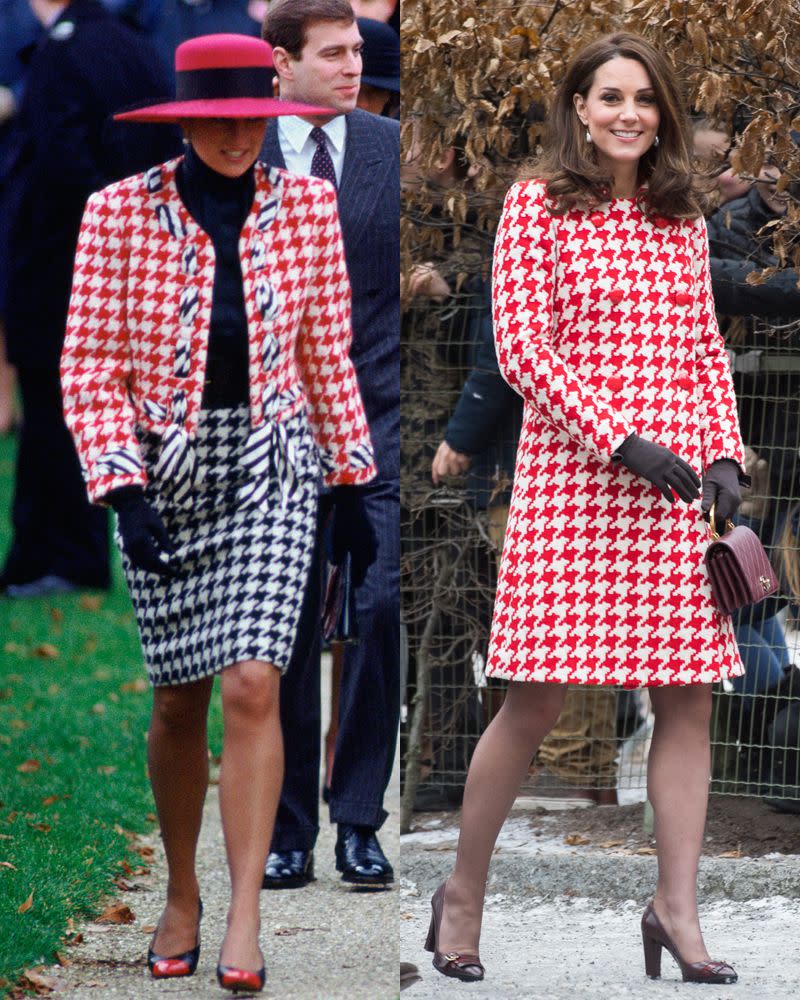 <p>Diana in a Moschino suit while attending Sunday service at Sandringham Church on December 23, 1990; Kate in a Catherine Walker houndstooth coat while on the second day of her Sweden visit on January 31, 2018.</p>