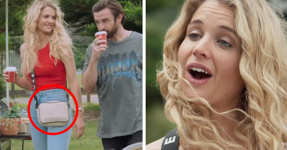 L: Bree and Remi on Home and Away with a bag circled. R: Bree on Home and Away