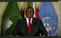 In this image made from UNTV video, Cyril Ramaphosa, president of South Africa, speaks in a pre-recorded message which was played during the 75th session of the United Nations General Assembly, Tuesday, Sept. 22, 2020, at U.N. headquarters in New York. The U.N.'s first virtual meeting of world leaders started Tuesday with pre-recorded speeches from some of the planet's biggest powers, kept at home by the coronavirus pandemic that will likely be a dominant theme at their video gathering this year. (UNTV via AP)