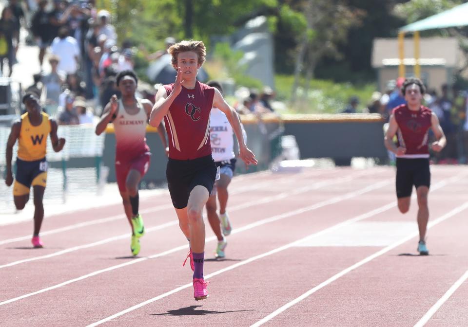 Oaks Christian's Chase Hansen wins the Division 4 boys 400-meter race at the CIF-Southern Section Track and Field Championships at Moorpark High on Saturday, May 13, 2023. Hansen finished in 47.89 seconds.