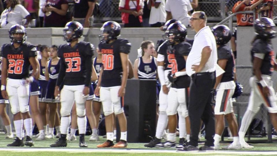 Central High coach Kyle Biggs looks on during a high school football game against Bishop Diego-Santa Barbara on Friday, Sept. 8, 2023.