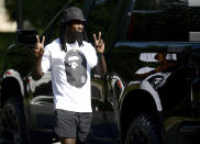 Carolina Panthers cornerback Donte Jackson arrives at the team's dormitory at NFL football training camp, Tuesday, July 27, 2021, at Wofford College in Spartanburg, S.C. (Jeff Siner/The Charlotte Observer via AP)