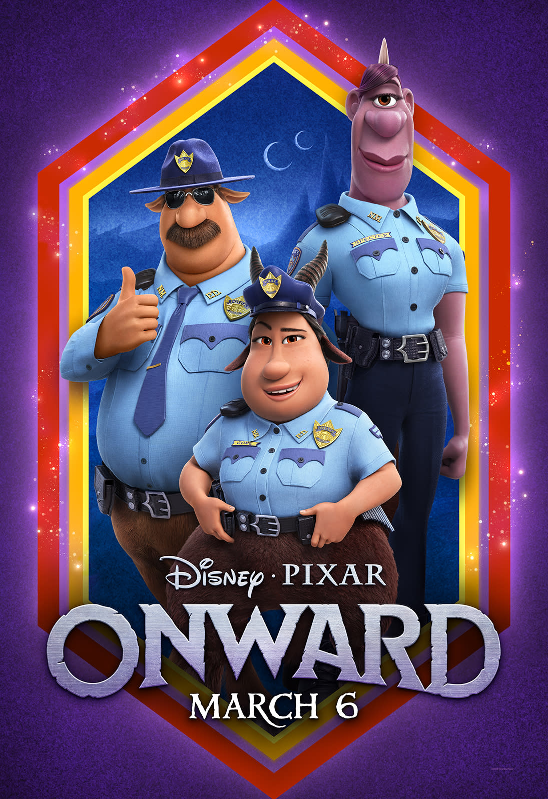 Officer Specter (Lena Waithe), Colt Bronco (Mel Rodriguez) and Officer Gore (Ali Wong) in a poster for 'Onward' (Photo: Disney Pixar)