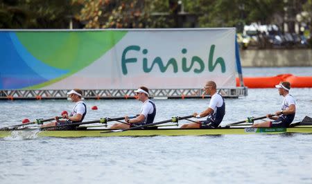 2016 Rio Olympics - Rowing - Semifinal - Men's Four Semifinals - Lagoa Stadium - Rio De Janeiro, Brazil - 11/08/2016. Alex Gregory (GBR) of United Kingdom, Mohamed Sbihi (GBR) of United Kingdom, George Nash (GBR) of United Kingdom and Constantine Louloudis (GBR) of United Kingdom compete. REUTERS/Murad Sezer