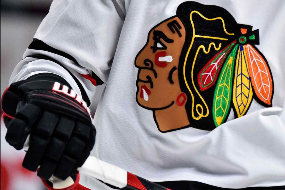 <p>Minas Panagiotakis/Getty</p> A detailed view of the Chicago Blackhawks logo during warmups