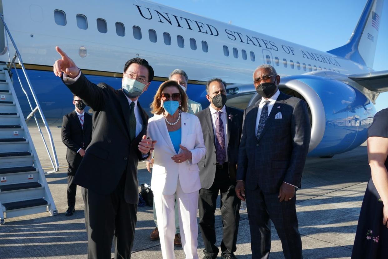 US House Speaker Nancy Pelosi and her delegation leave Taipei on August 3, 2022. <a href="https://media.gettyimages.com/photos/house-speaker-nancy-pelosi-and-her-5member-congress-delegation-depart-picture-id1242283734?s=2048x2048" rel="nofollow noopener" target="_blank" data-ylk="slk:Taiwanese Foreign Ministry/Handout/Andalou Agency via Getty Images;elm:context_link;itc:0;sec:content-canvas" class="link ">Taiwanese Foreign Ministry/Handout/Andalou Agency via Getty Images </a>