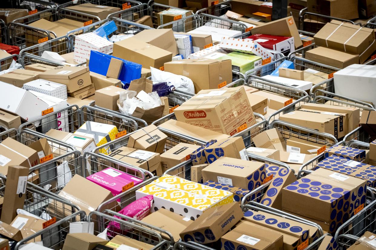 Packages are ready for shipment in the parcel sorting center of post and parcel delivery company PostNL in Sassenheim on November 10, 2020, in the run-up to Black Friday, Sinterklaas and Christmas, making it the busiest time of the year. (Photo by Sem van der Wal / ANP / AFP) / Netherlands OUT (Photo by SEM VAN DER WAL/ANP/AFP via Getty Images)