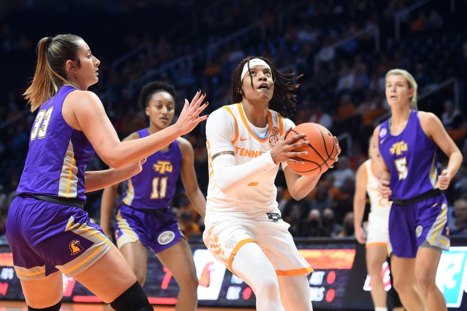 Tennessee forward Alexus Dye (2) looks to the basket while guarded by Tennessee Tech forward Mackenzie Coleman (33) in the NCAA women's basketball game between the Tennessee Lady Vols and Tennessee Tech Golden Eagles in Knoxville, Tenn. on Wednesday, December 1, 2021.