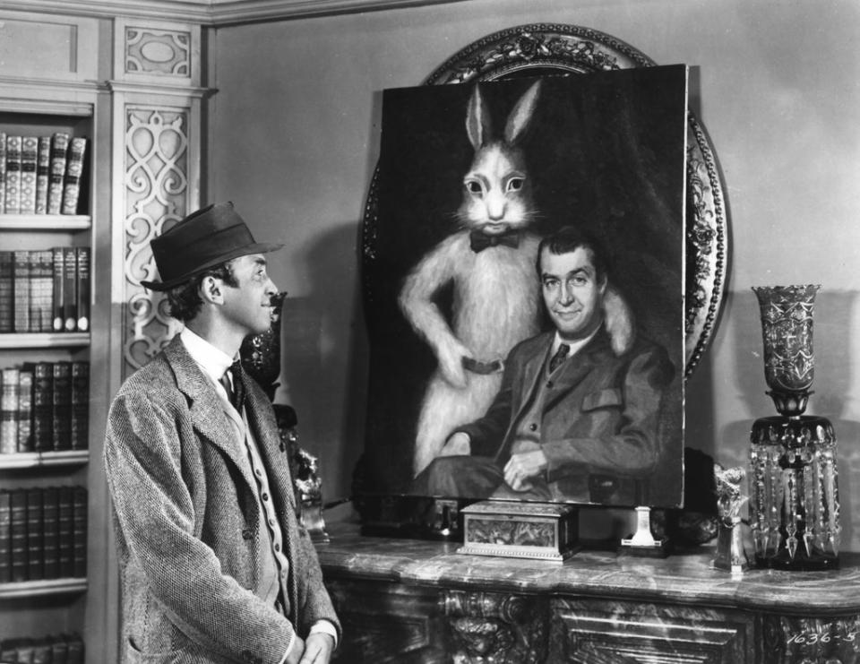 Stewart as Elwood P Dowd, whose sanity is questioned when he befriends an invisible tall rabbit in ‘Harvey’ (1950) (Universal/Kobal/Shutterstock)