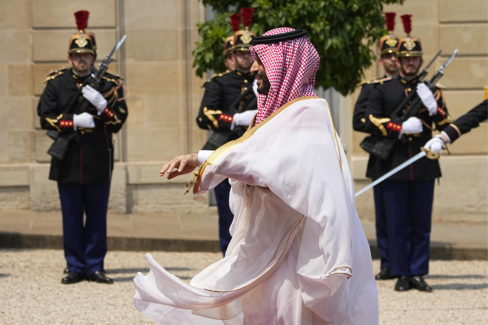 Saudi Crown Prince Mohammed bin Salman arrives Friday, June 16, 2023 at the Elysee Palace in Paris. Saudi Crown Prince Mohammed bin Salman meets Emmanuel Macron as part of an official visit, during which he will also participate in a global financing summit aimed at fighting poverty and climate change. (AP Photo/Michel Euler)
