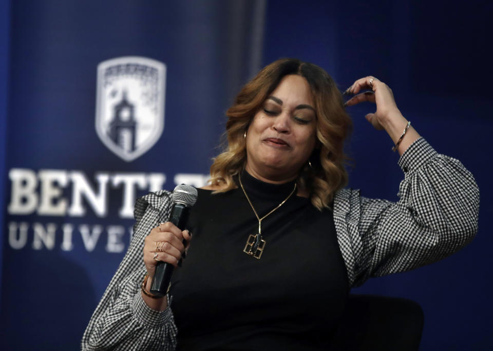 In this March 5, 2019 photo, panel member Natalie Baucum speaks during an event at Bentley University, in Waltham, Mass., where professors and alumni shared some of their worst setbacks to illustrate that even successful people sometimes fail. A growing number of U.S. colleges are trying to "normalize" failure for a generation of students who increasingly struggle with stress, anxiety and the ability to bounce back from adversity. (AP Photo/Elise Amendola)