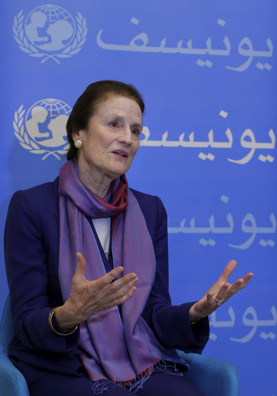 UNICEF Executive Director Henrietta Fore, speaks during an interview with The Associated Press after returning from a visit to Syria, in Beirut, Lebanon, Thursday, Dec. 13, 2018. Fore said Thursday that even though the fighting is winding down, 2 million children inside Syria are still out of schools and it will take years and a lot of funding to help children get over the scars of the seven-year conflict. (AP Photo/Bilal Hussein)