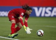 Jun 22, 2015; Edmonton, Alberta, CAN; United States goalkeeper Hope Solo (1) makes a save during the first half against the Colombia in the round of sixteen in the FIFA 2015 women's World Cup soccer tournament at Commonwealth Stadium. Mandatory Credit: Erich Schlegel-USA TODAY Sports