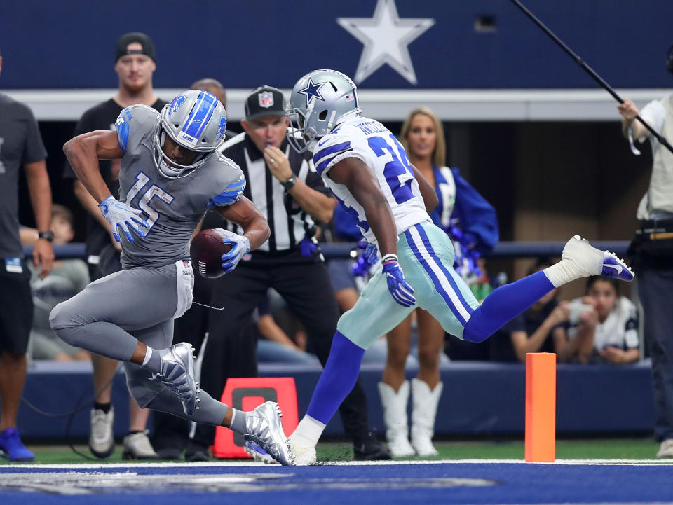 <p>Golden Tate #15 of the Detroit Lions scores a touchdown against Chidobe Awuzie #24 of the Dallas Cowboys in the fourth quarter of a game at AT&T Stadium on September 30, 2018 in Arlington, Texas. (Photo by Tom Pennington/Getty Images) </p>