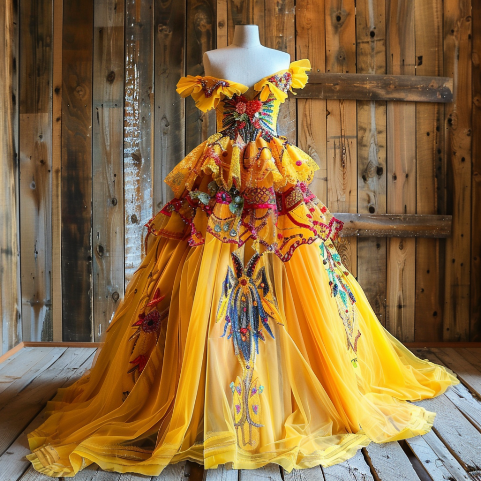 Mannequin displaying a flamboyant gown with layered ruffles and intricate beadwork