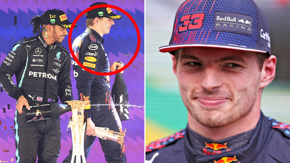 Red Bull's Max Verstappen walked off the podium without making eye contact with race winner Lewis Hamilton after a controversial Saudi Arabian GP. Pictures: Getty Images