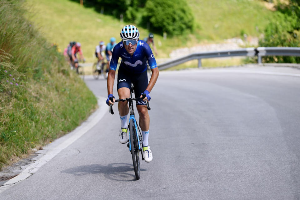 LEUKERBAD SWITZERLAND  JUNE 14 Oier Lazkano of Spain and Movistar Team attacks in the chase group during the 86th Tour de Suisse 2023 Stage 4 a 1525km stage from Monthey to Leukerbad 1367m  UCIWT  on June 14 2023 in Leukerbad Switzerland Photo by Dario BelingheriGetty Images