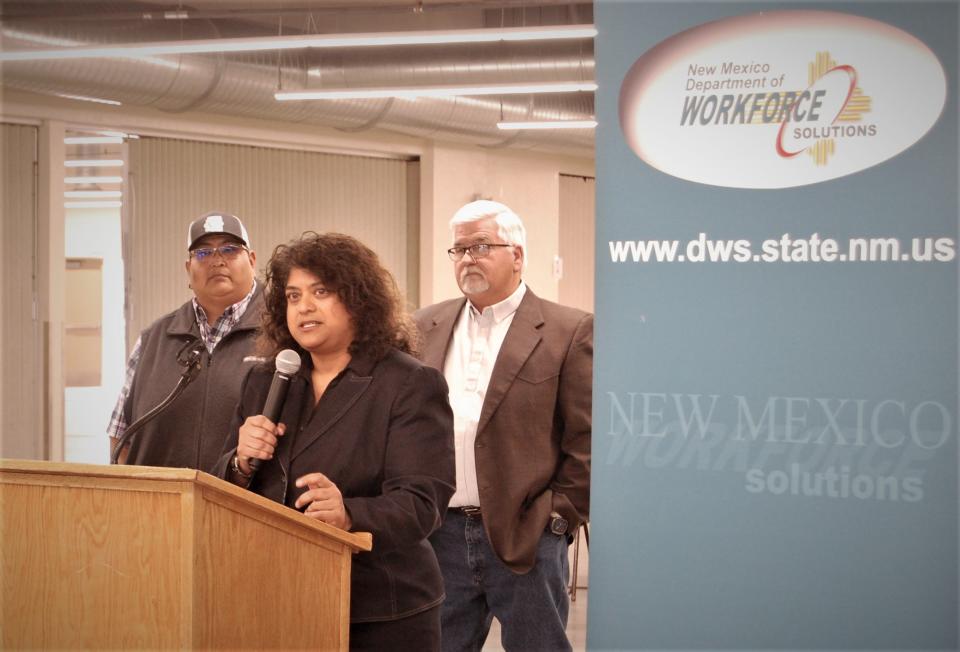 Sarita Nair, cabinet secretary for the New Mexico Department of Workforce Solutions, speaks during a press conference Tuesday, May 2 in the Multipurpose Building at McGee Park.