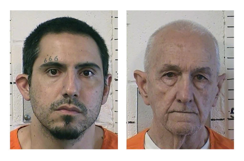 FILE - In photos provided by the California Department of Correction and Rehabilitation are Jason Budrow, left, in 2012, and Roger Reece Kibbe in 2013. Prison officials have identified inmate Budrow as the suspect in the attack on Paul Flores, the man convicted of murdering college student Kristen Smart, with a "manufactured weapon" on Aug. 23, 2023, at the Pleasant Valley State Prison in Coalinga, Calif. Budrow in 2021 strangled and killed his new cellmate, serial killer Roger Reece Kibbe, who was known as the "I-5 Strangler." (California Department of Correction and Rehabilitation via AP, File)