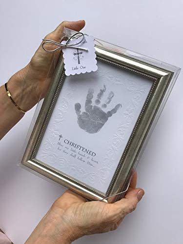 4) The Grandparent Gift Company- Silver Embossed Wooden 5 x7 Table or Shelf Frame with “Christened” Sentiment- Baby Handprint Christening Gifts