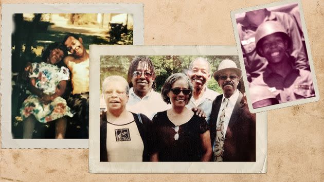 Top left: the author and her Uncle Ronald. Center: the author's mom, Uncle Gilbert, Aunt Pauline, Uncle Ronald and Uncle Earnest. Top right: the author's Uncle Ronald.