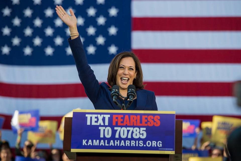 Sen. Kamala Harris waves to supportersa after announcing her 2020 presidential campaign in Oakland in 2019.