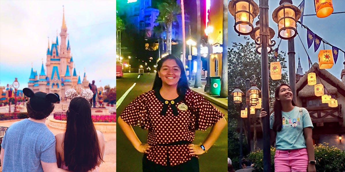 side by side photos of saira visiting and working in the disney world parks