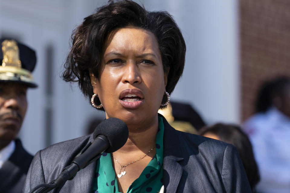 FILE - District of Columbia Mayor Muriel Bowser speaks during a news conference about the arrest of suspect in a recent string of attacks on homeless people, March 15, 2022, in Washington. The Republican-led House voted Feb. 9, 2023 to overturn a sweeping rewrite of the criminal code passed by the City Council last year and a new law that would grant noncitizens the right to vote in local elections. The moves may be partially symbolic since both would have to pass the Democratic-held Senate and be signed by President Joe Biden. (AP Photo/Alex Brandon, File)