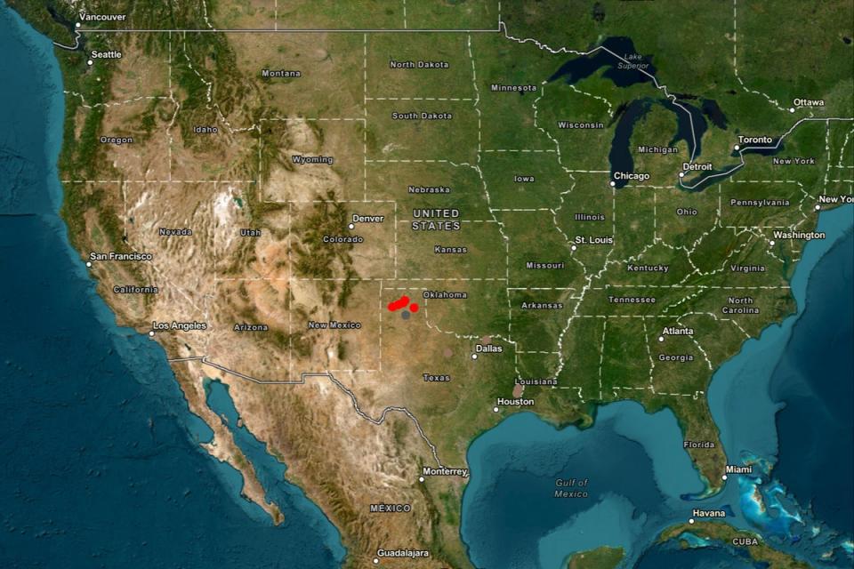 Red dots indicate active fires in the Texas Panhandle (Texas A&M Forest Service)