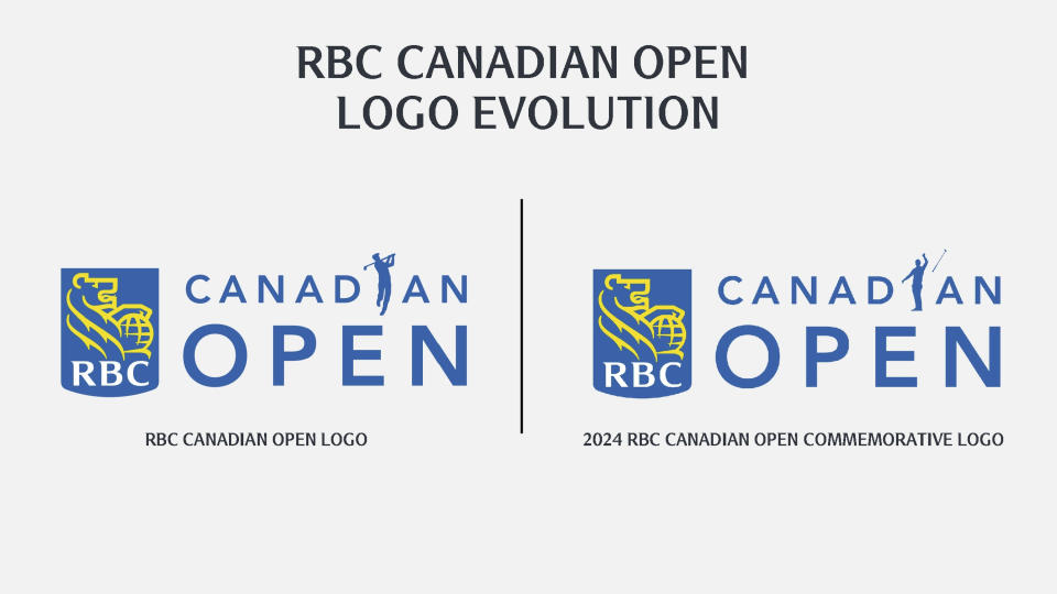 This handout provided by Golf Canada shows the RBC Canadian Open current golf logo, and the logo for the tournament next year. Nick Taylor's iconic putter toss is being immortalized in the new logo. (Golf Canada via AP)