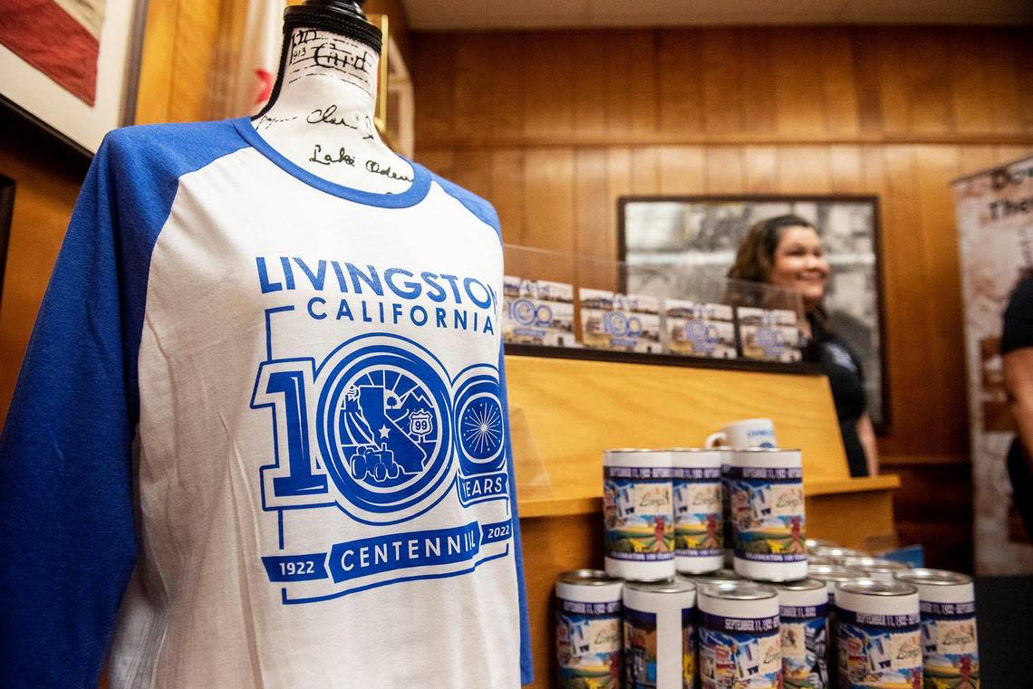 Centennial merchandise for sale inside the Livingston Historical Museum during the City of Livingston’s centennial celebration in Livingston, Calif., on Sunday, Sept. 11, 2022.