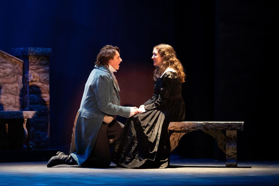 Matthew Antalek as Marius and Emily Haselschwerdt as Cosette are pictured in a scene from "Les Miserables (School Edition)" at the Croswell Opera House.