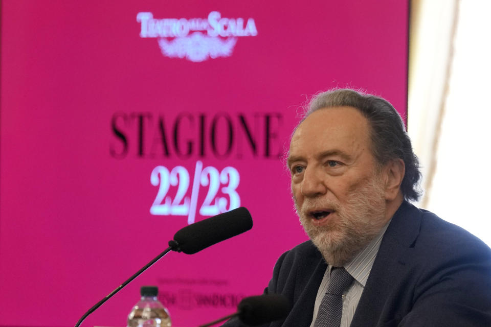 La Scala director Riccardo Chailly speaks during a press conference to present the 2022/2023 season, at the Milan La Scala opera house, Italy, Monday, June 6, 2022. (AP Photo/Antonio Calanni)