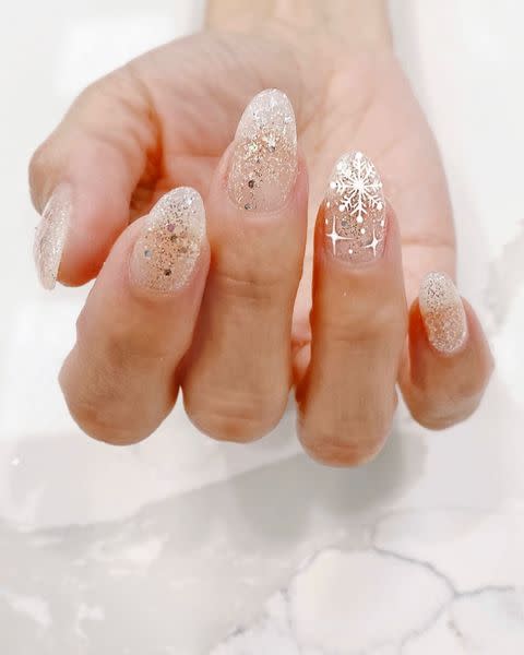<p>Nope, those little twinkling stars aren't a filter—this nail art is just that good. A mix of <a href="https://www.urbanoutfitters.com/shop/people-of-color-non-toxic-nail-polish?color=070&type=REGULAR&size=ONE%20SIZE&quantity=1" rel="nofollow noopener" target="_blank" data-ylk="slk:gold glitter nail polish;elm:context_link;itc:0;sec:content-canvas" class="link ">gold glitter nail polish</a> and <a href="https://www.sephora.com/product/color-hit-nail-polish-P435832?country_switch=us&lang=en&skuId=2110799" rel="nofollow noopener" target="_blank" data-ylk="slk:silver dot polish;elm:context_link;itc:0;sec:content-canvas" class="link ">silver dot polish</a> make up the base of these snowy nails, while <a href="https://www.rootedwoman.com/products/unconditionally-loved" rel="nofollow noopener" target="_blank" data-ylk="slk:white nail polish;elm:context_link;itc:0;sec:content-canvas" class="link ">white nail polish</a> gives the accent-nail snowflakes a bright, almost unreal contrast.</p><p><a href="https://www.instagram.com/p/B6YXa2InRC9/" rel="nofollow noopener" target="_blank" data-ylk="slk:See the original post on Instagram;elm:context_link;itc:0;sec:content-canvas" class="link ">See the original post on Instagram</a></p>
